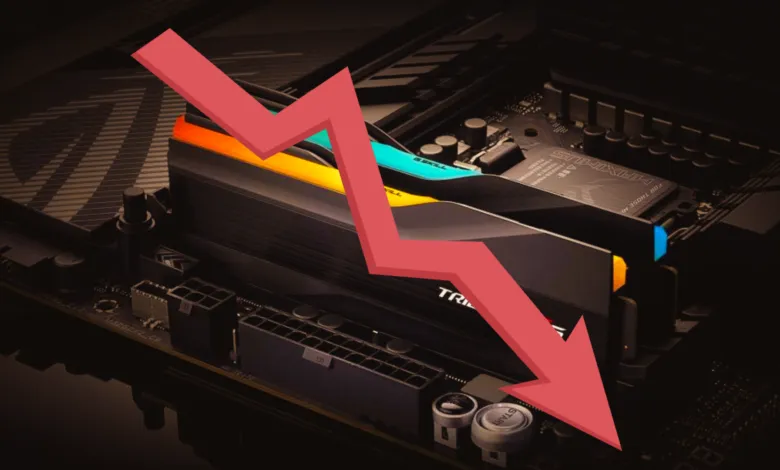 Computer motherboard with downward trending red arrow overlay.