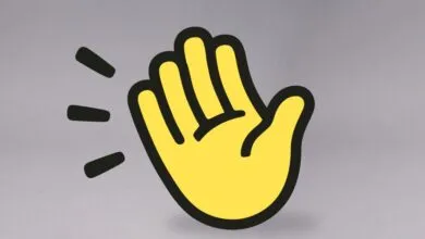 Cartoon yellow hand waving with black outline and motion lines.