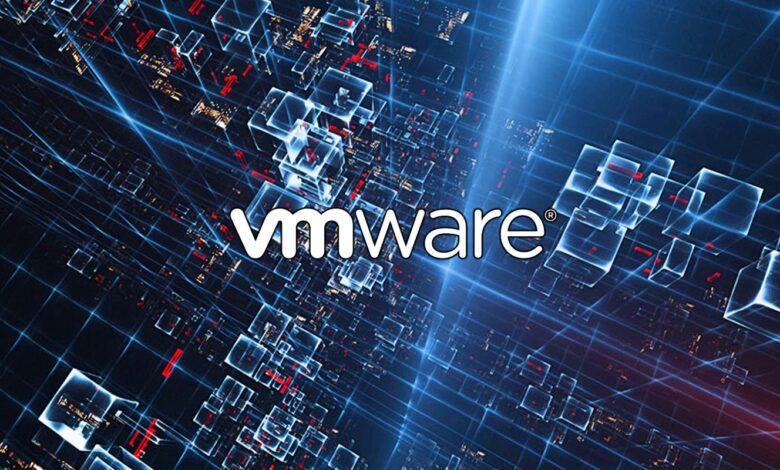 VMware logo on a blue grid background with floating cubes.