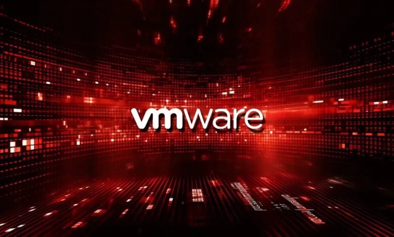 VMware logo in white against a red digital background.