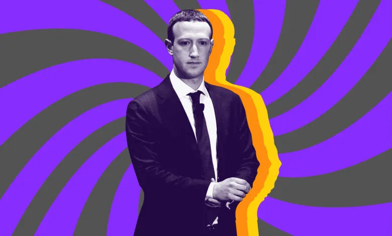 Mark Zuckerberg stands against a swirling purple and gray background.
