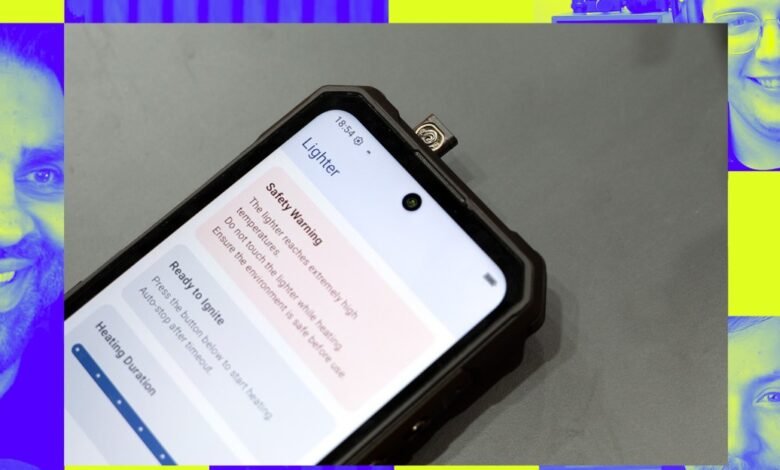 Smartphone displays 'Lighter' app with safety warnings and heating controls.