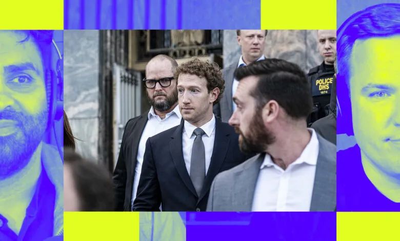 Mark Zuckerberg surrounded by security, with a vibrant, stylized border.