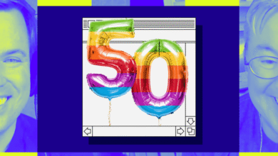 Rainbow '50' balloons with two smiling faces in a vibrant, stylized composition.