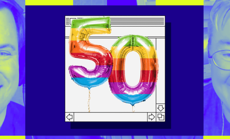 Rainbow '50' balloons with two smiling faces in a vibrant, stylized composition.