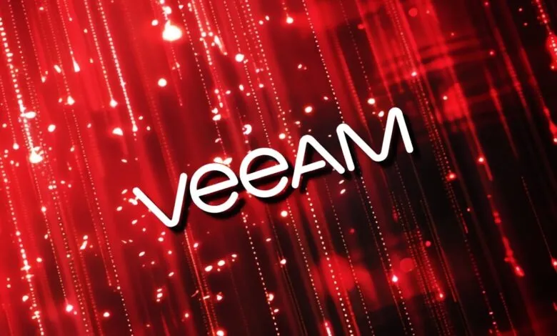 Veeam logo in white against a red, sparkling background.