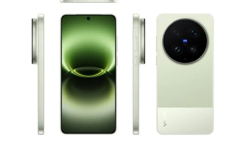Vivo X300 Ultra smartphone in light green, showing front, side, and back views.