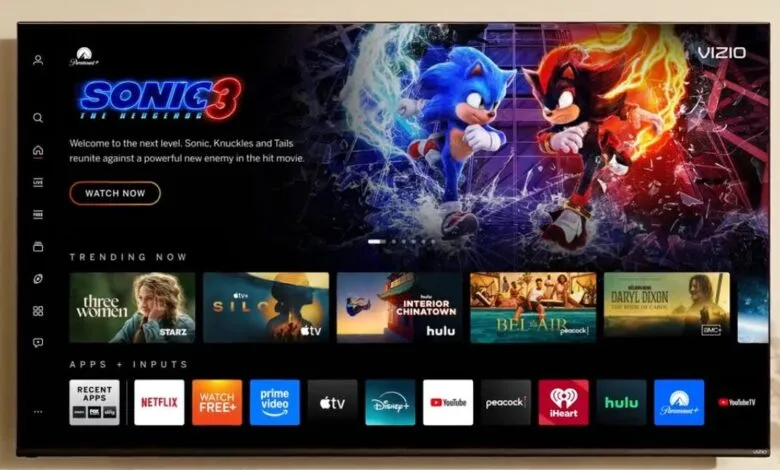Vizio smart TV displaying Sonic the Hedgehog 3 movie and streaming apps.