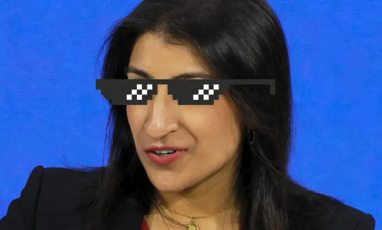 Lina Khan with pixelated sunglasses, meme style.