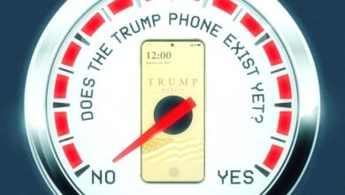 Gauge showing 'Does the Trump Phone Exist Yet?' pointing towards 'No'.
