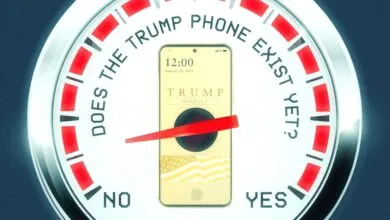Gauge showing 'Does the Trump Phone Exist Yet?' pointing towards 'No'.