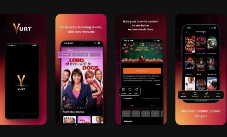 Screenshots of the VURT streaming app interface on mobile devices.