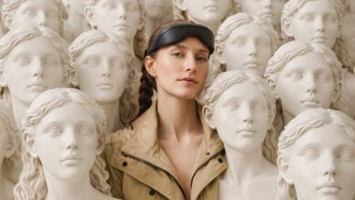 Woman with sleep mask stands among classical sculpture busts.