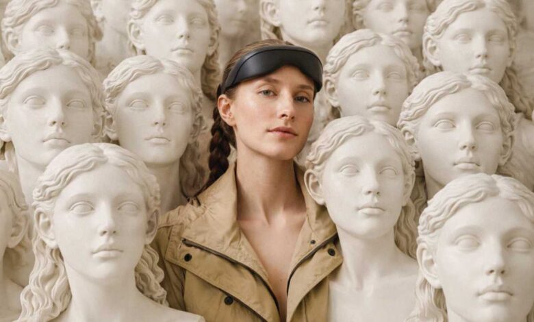 Woman with sleep mask stands among classical sculpture busts.