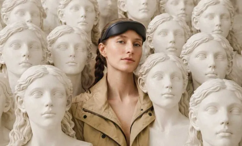 Woman with sleep mask stands among classical sculpture busts.