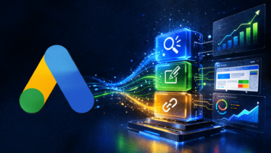 Google Ads logo with search, edit, link icons and performance charts.