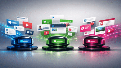 Three futuristic platforms with social media icons floating above them.