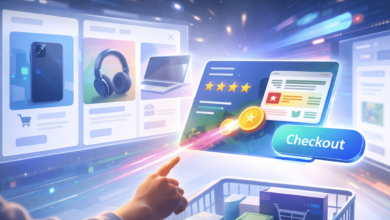 Online shopping interface with phone, headphones, laptop, and checkout button.