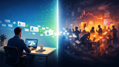 Person working on laptop with contrasting success/failure visualizations.