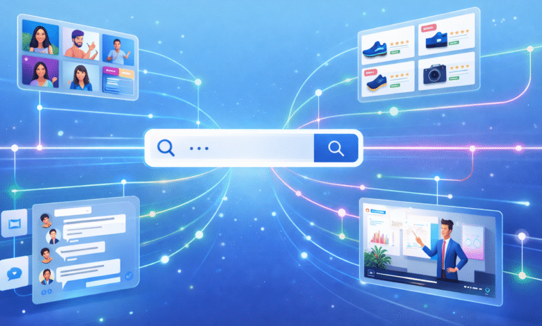 Conceptual image of a search bar connected to various online activities.