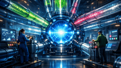 Futuristic control room with scientists monitoring a glowing energy core.