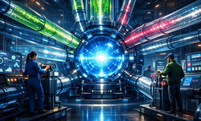 Futuristic control room with scientists monitoring a glowing energy core.