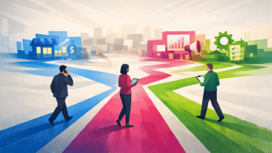 Three people walk on paths representing business strategies towards city icons.