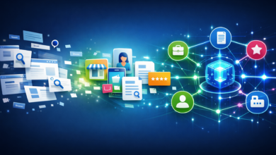 Digital illustration of interconnected icons representing online business and data.