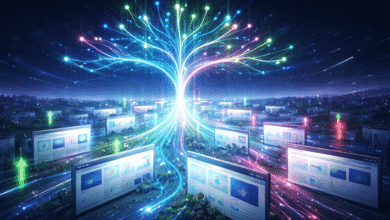 Abstract digital tree with glowing branches connecting to computer screens.