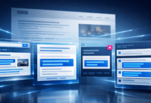 Abstract representation of search results and web pages with a futuristic, glowing design.