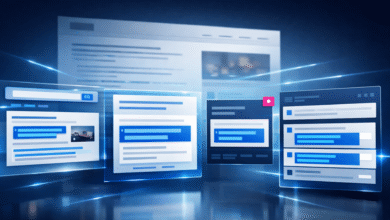 Abstract representation of search results with floating website windows.