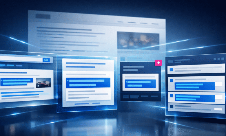 Abstract representation of search results with floating website windows.