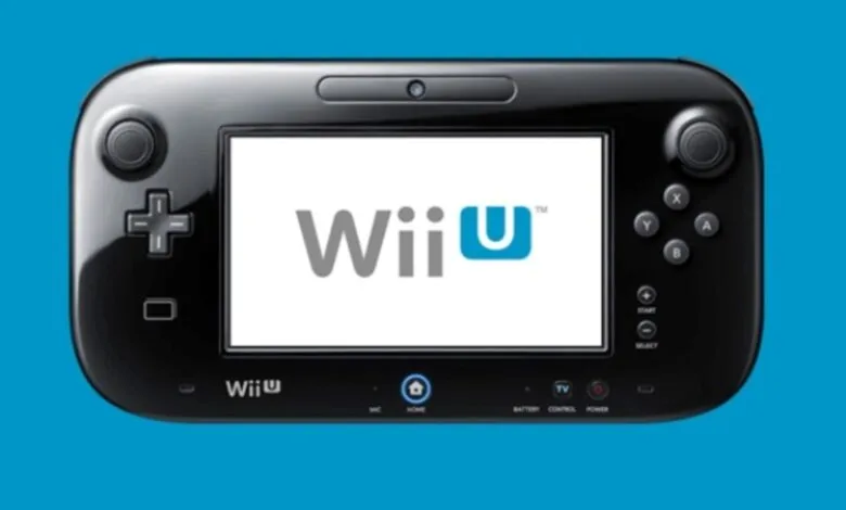 Black Nintendo Wii U GamePad on a blue background, screen displays the Wii U logo.