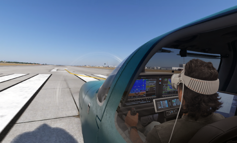 Pilot wearing VR headset in cockpit, runway ahead.