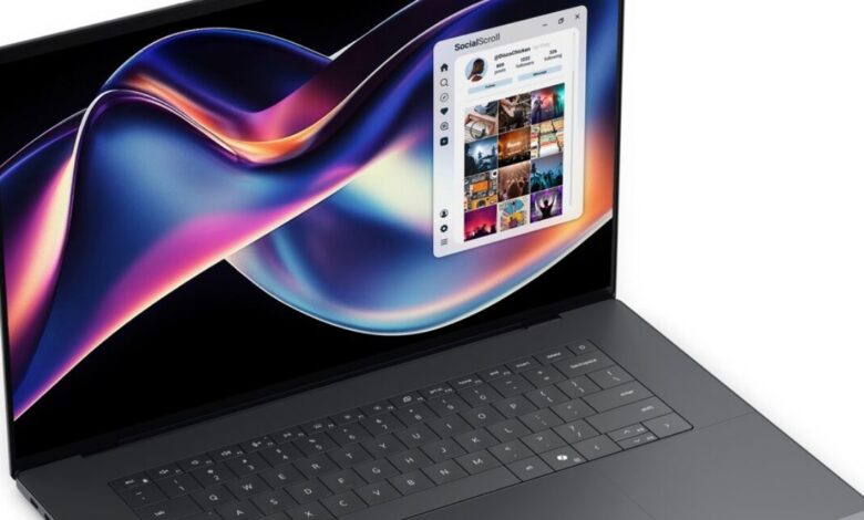 Laptop displaying a social media app with colorful abstract wallpaper.