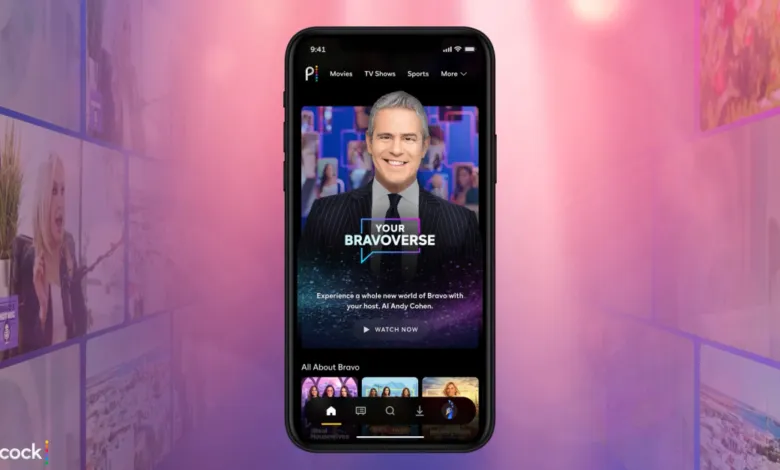 Peacock app on a phone showing 'Your Bravoverse' with Andy Cohen.