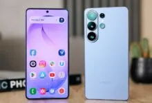 Two Samsung Galaxy phones, one showing the screen and the other the camera.