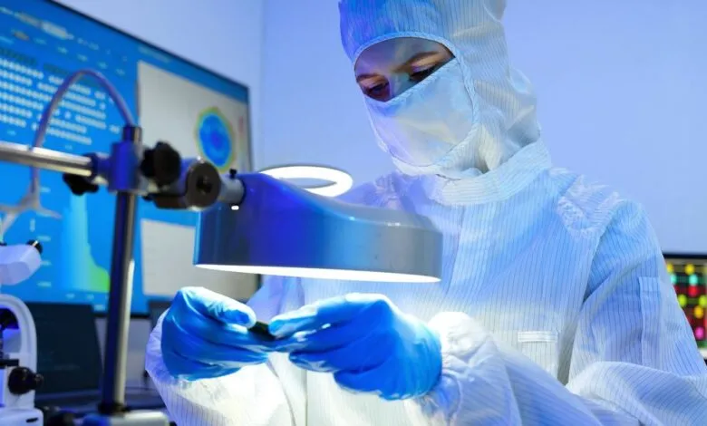 Technician in clean suit inspecting semiconductor wafer under bright light.