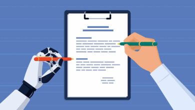 Robot and human hands writing on document together.