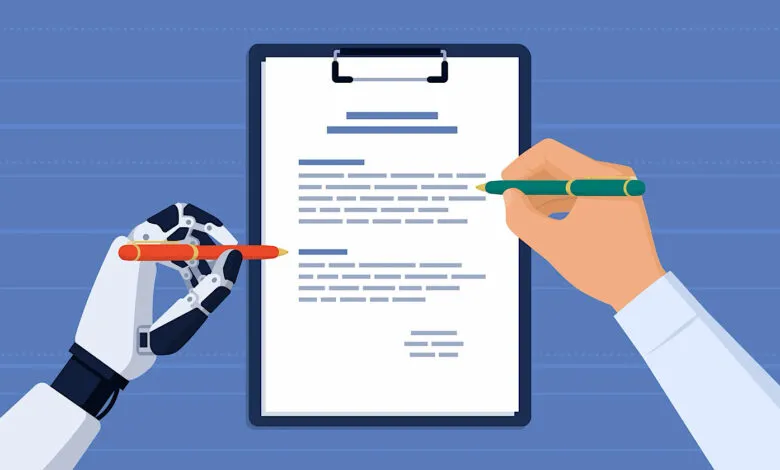 Robot and human hands writing on document together.