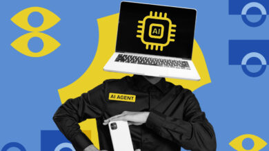 Person with laptop as head, 'AI AGENT' badge, holding phone, on blue background.