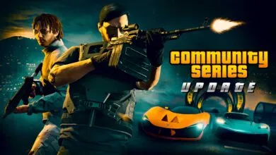 Two armed figures stand before race cars, promoting a 'Community Series Update'.