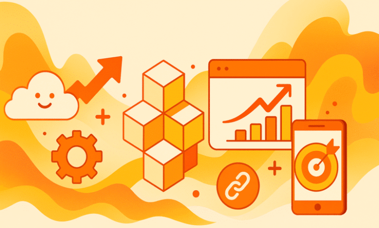 Orange-themed graphic showing cloud, gear, blocks, chart, link, and target icons.