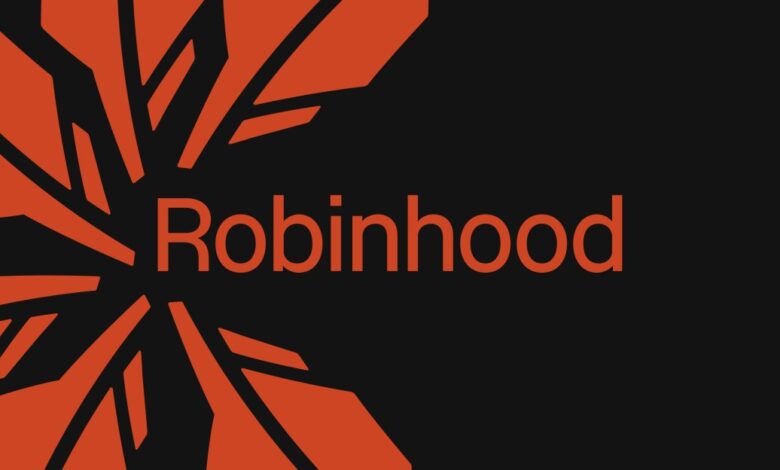 Robinhood logo with orange text and abstract geometric shapes on black background.
