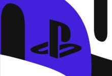 Stylized PlayStation logo in black on a blue background with white accents.