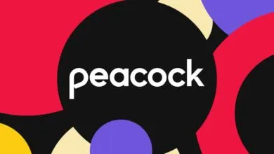 Peacock streaming service logo with colorful abstract shapes.