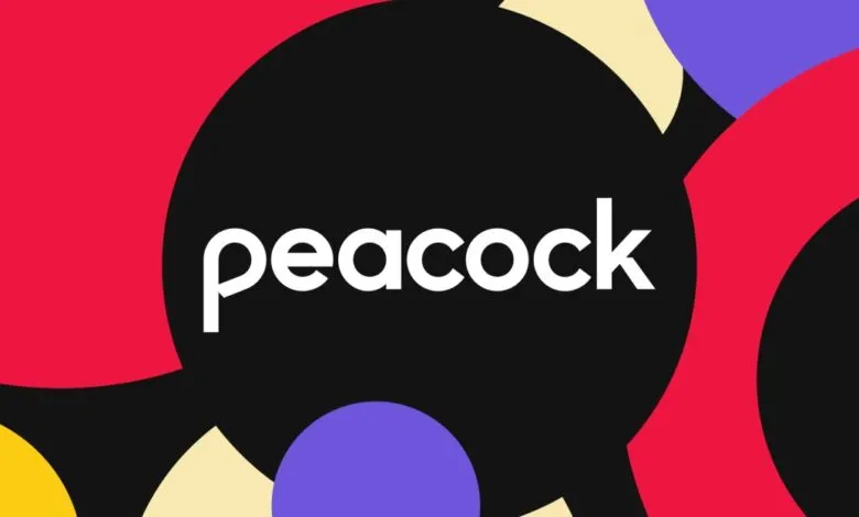 Peacock streaming service logo with colorful abstract shapes.