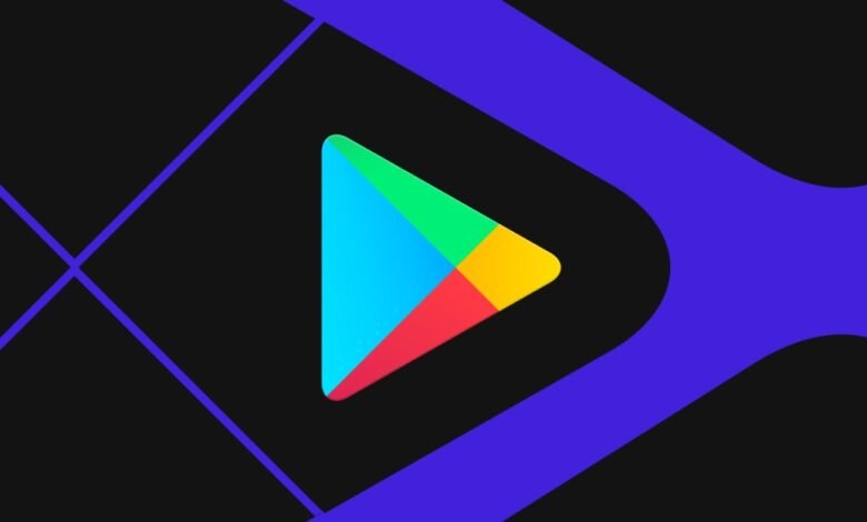 Google Play Store logo with colorful triangle on a dark background.