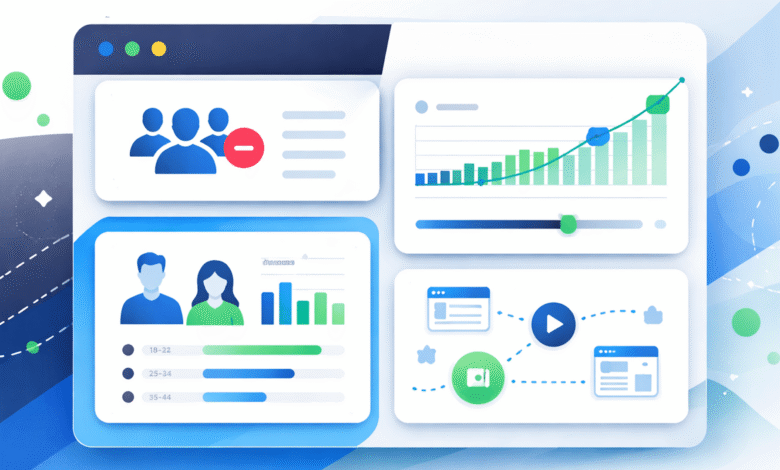 Digital marketing dashboard with charts, graphs, and audience demographics.