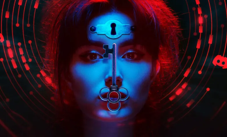 Woman's face with key and lock, Discord logos in background.